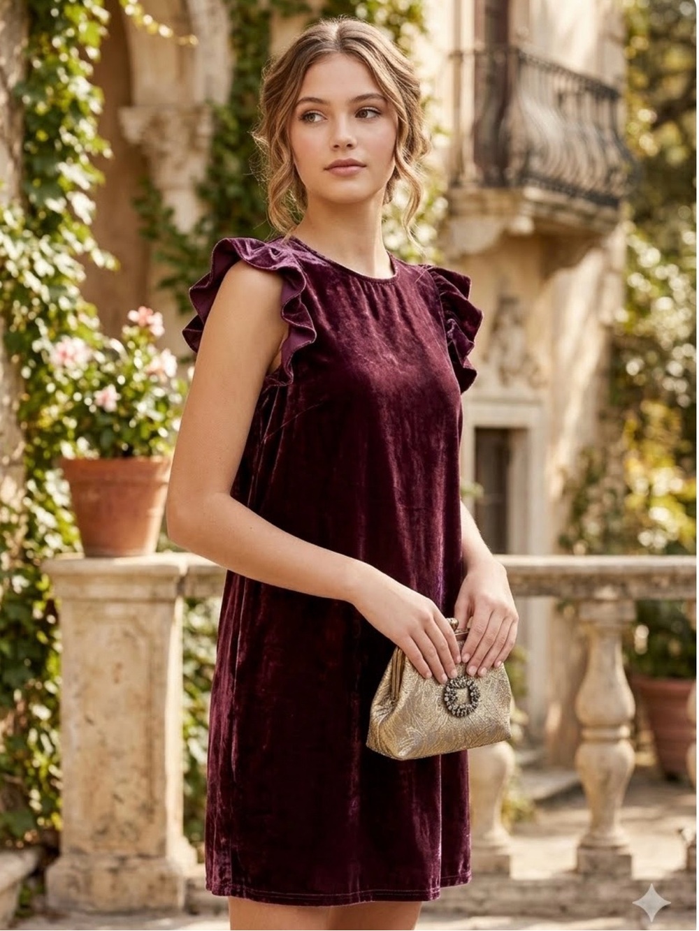 Chelsea & Violet Velvet Shift Mini Dress Ruffle Sleeve Sz M